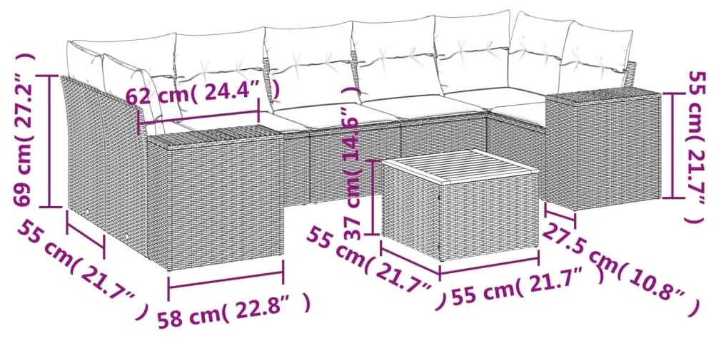 8 részes fekete polyrattan kerti ülőgarnitúra párnákkal