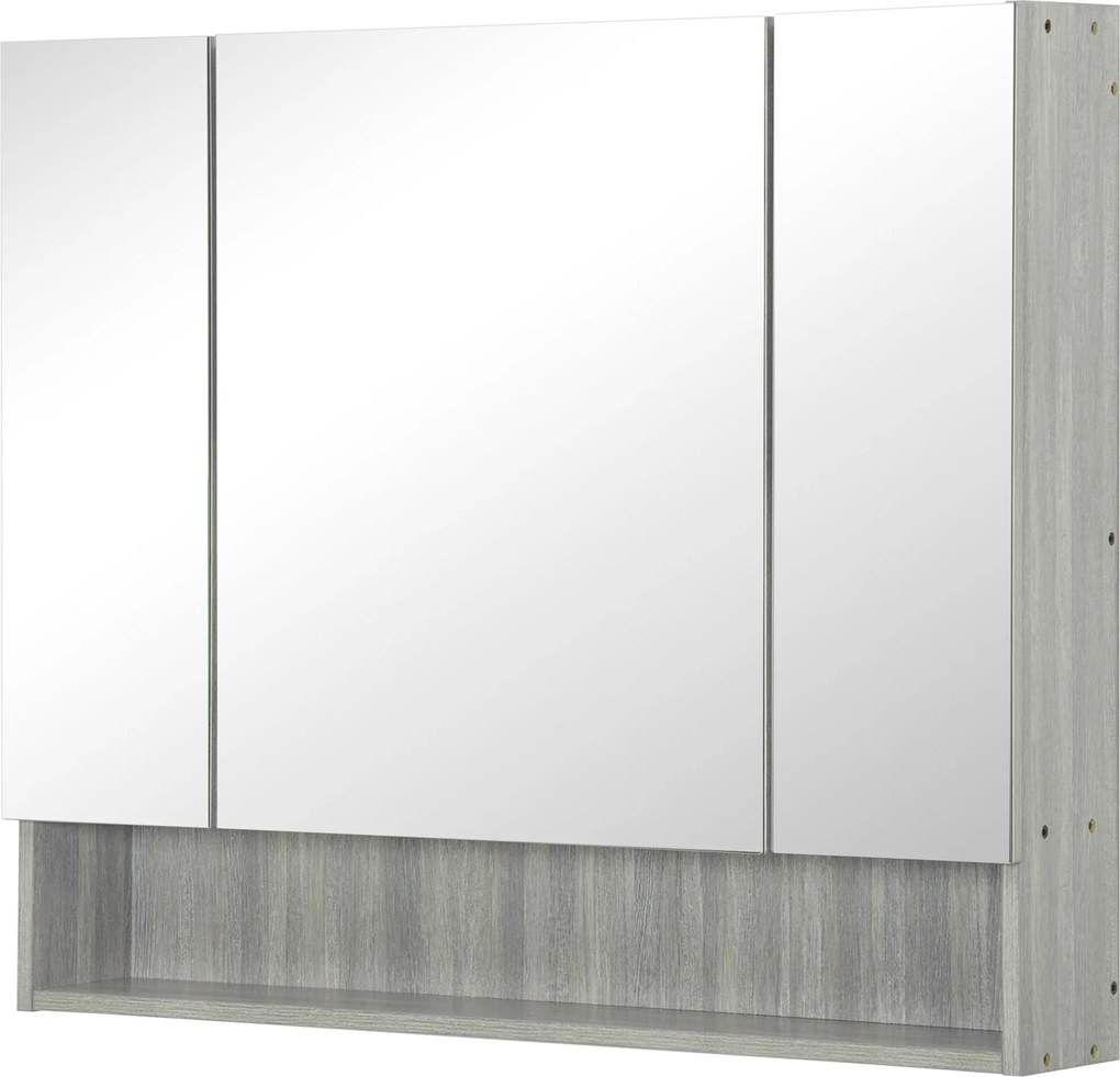 Kleankin Tükrös Szekrény 4 Rekesszel és Állítható Polcokkal, Fürdőszobai Tükör Fa és Üveg Anyagból, 90x15x75 cm, Szürke | Aosom