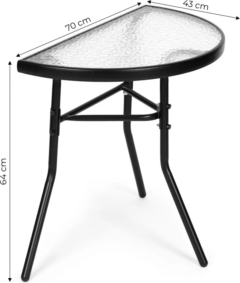 Kerti asztal, MultiGarden SC-090, fekete, 70 x 43 cm, magasság: 64 cm, félköríves, edzett üveglap, porszórt acél váz