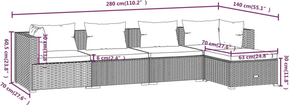 5 részes barna polyrattan kerti ülőgarnitúra párnákkal