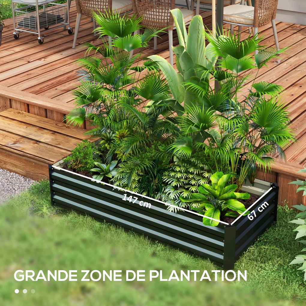 Outsunny Fém Téglalap Alakú Kerti Ültető Doboz Biztonsági Éllel és Nyitott Aljjal, Méret: 150L x 70W x 30H cm, Fekete | Aosom