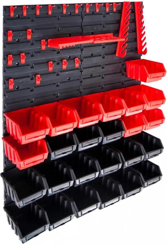 29 darabos piros és fekete tárolódoboz-készlet fali panelekkel