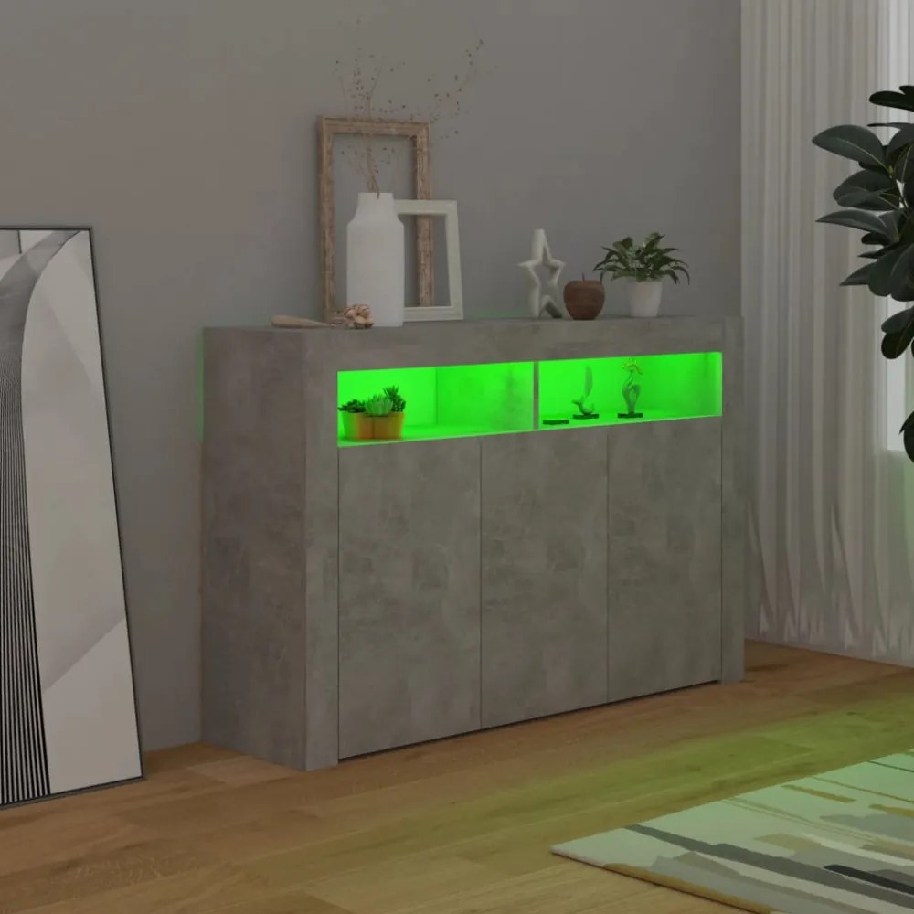 betonszürke tálalószekrény LED-világítással 115,5 x 30 x 75 cm