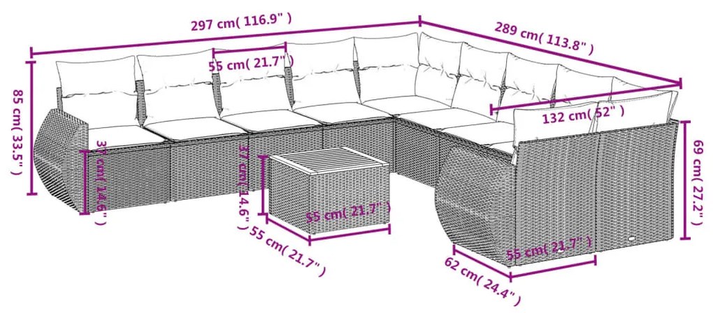 11 részes szürke polyrattan kerti ülőgarnitúra párnákkal