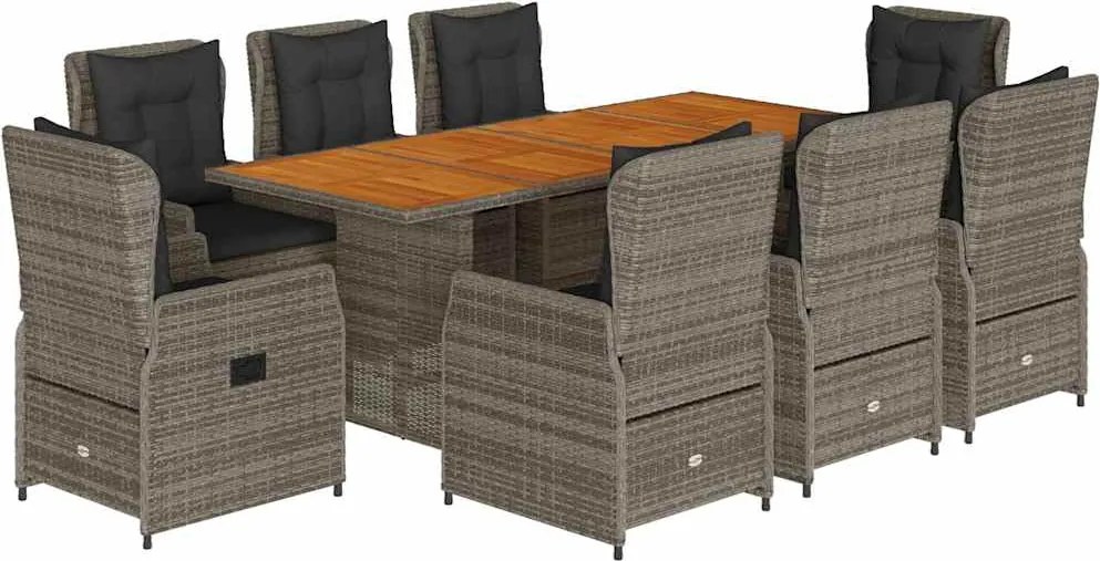 vidaXL 9 részes szürke polyrattan kerti étkezőgarnitúra párnával