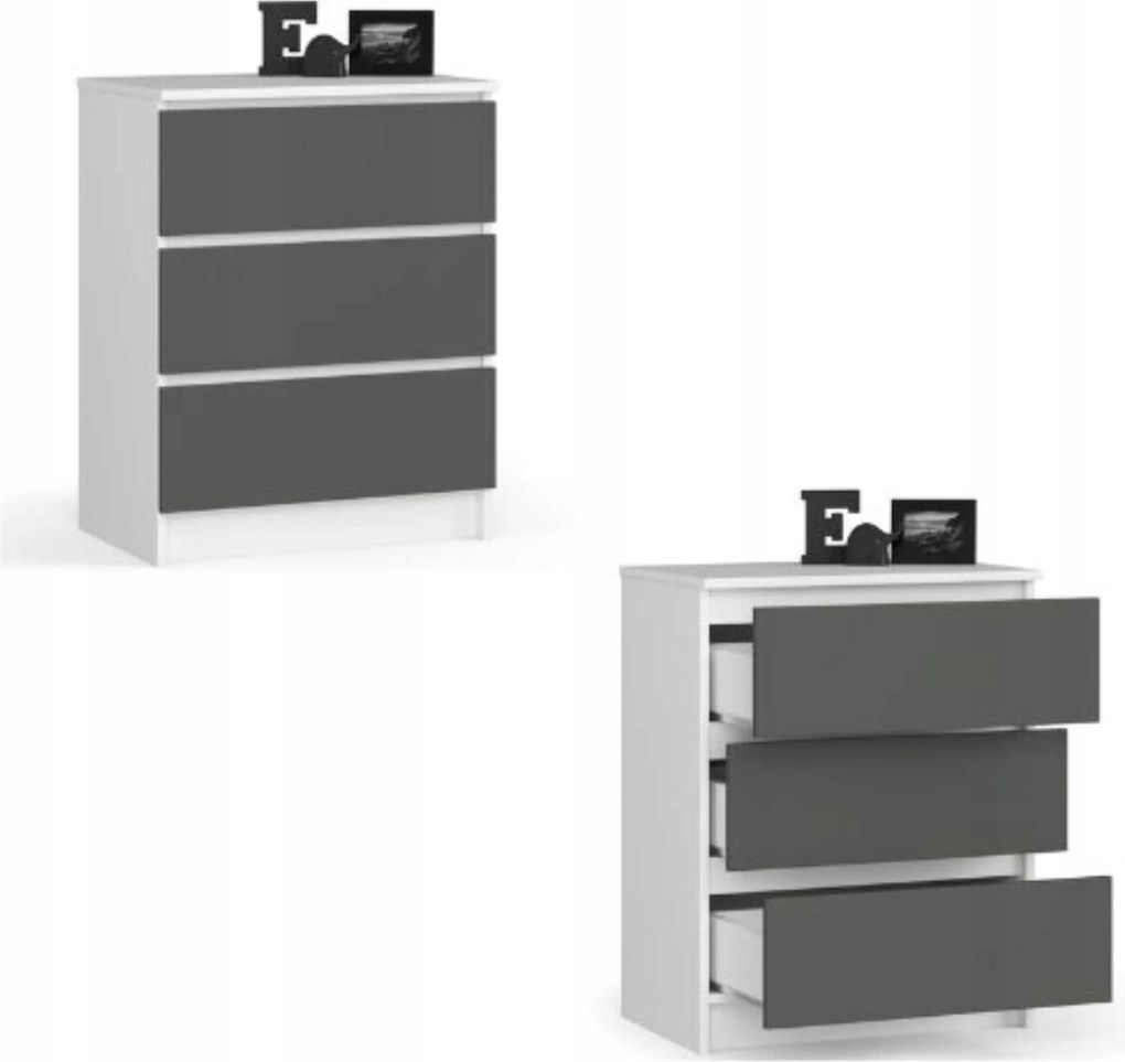 Komód szekrény K60 3 fiókos fehér grafit Akd