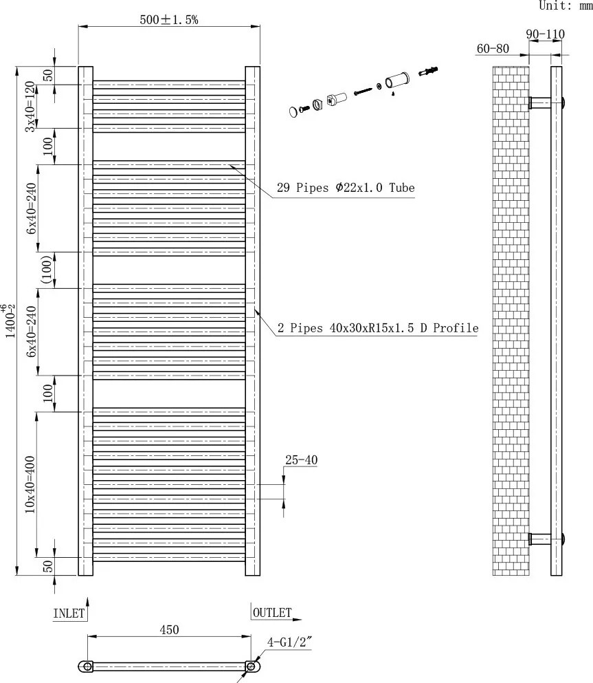 Egyenes törölközőszárító radiátor 1400x500 mm fekete