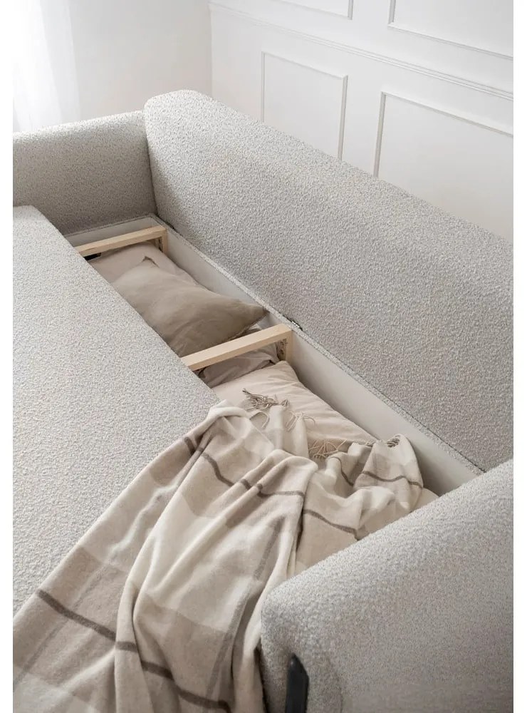 Szürkésbézs buklé kinyitható-tárolóhelyes kanapé 244 cm Arcadova – ELTAP