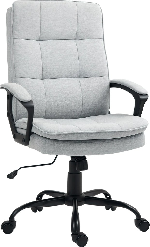 HOMCOM Ergonomikus Irodai Szék Állítható Magassággal és Karfával, Forgó Szék Ringató Funkcióval, Vászon Hatású, Kárpitozott Számítógépes Szék, Szürke