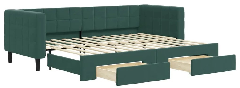 sötétzöld kihúzható bársony heverő fiókkal 80 x 200 cm