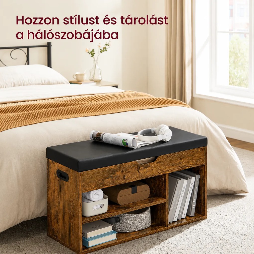 Tárolópad párnázott üléssel, 3 rekeszes cipőpad 80 x 30 x 44 cm, rusztikus barna