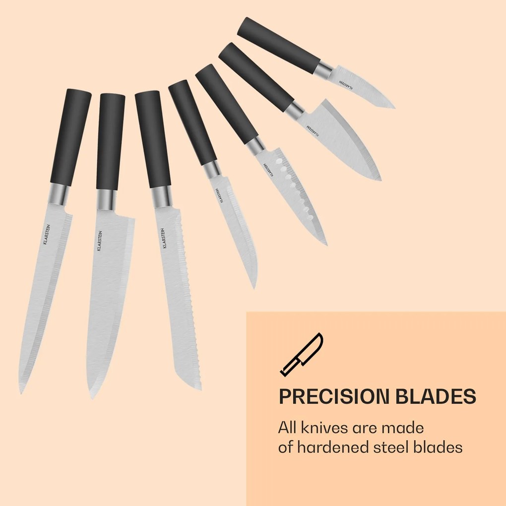 Klarstein Kitano, késkészlet tömbbel, 8 darabos, 7 kés, acél, luxus fa blokk