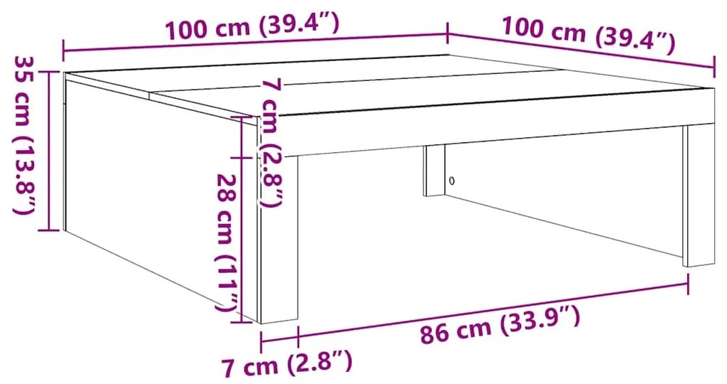 antik fa színű szerelt fa dohányzóasztal 100 x 100 x 35 cm