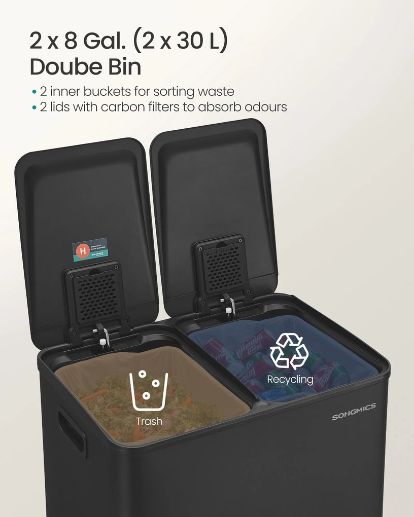 SONGMICS 60L Konyhai szemetes (2x30L), lágy záródás, fekete