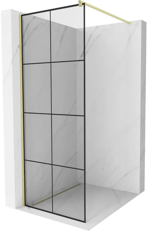 Mexen Kioto, Walk-In zuhany paraván 90 x 200 cm, 8 mm átlátszó üveg fekete mintás, arany matt profil, 800-090-101-55-77