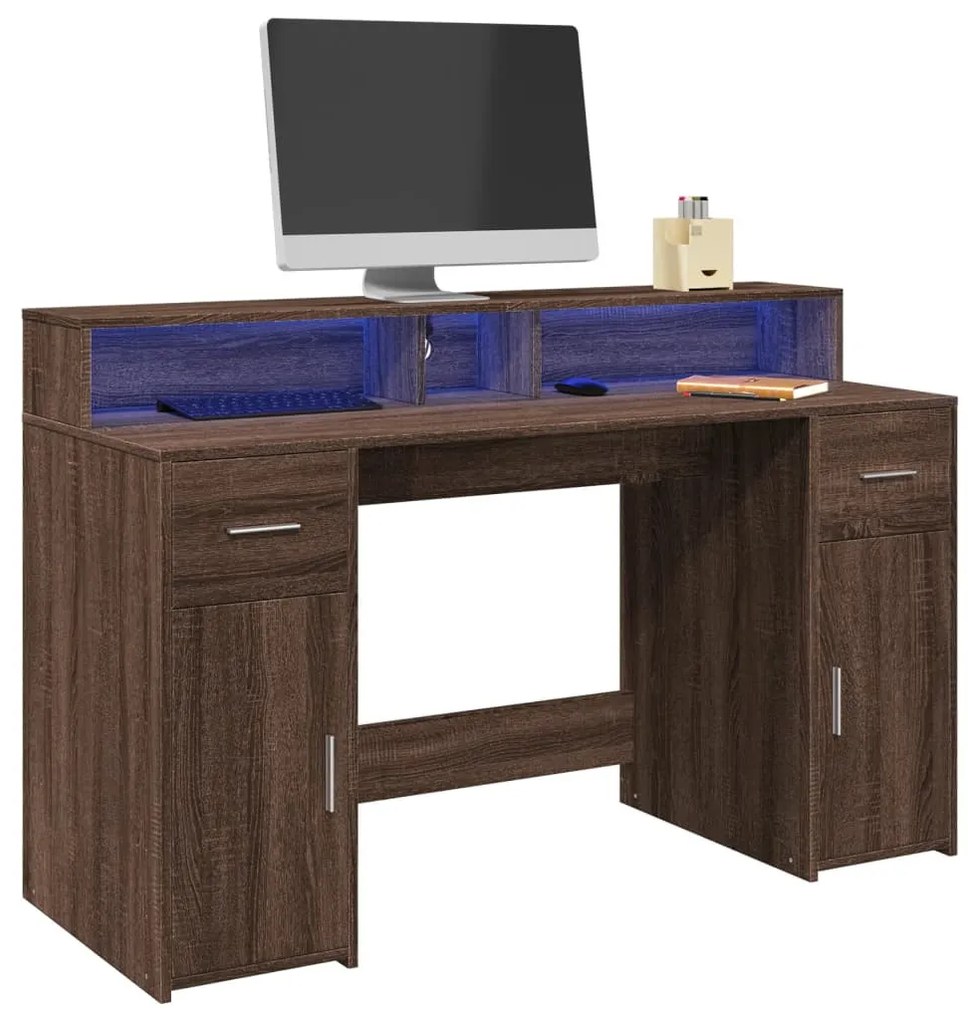 barna tölgy színű szerelt fa íróasztal LED-ekkel 140x55x91 cm