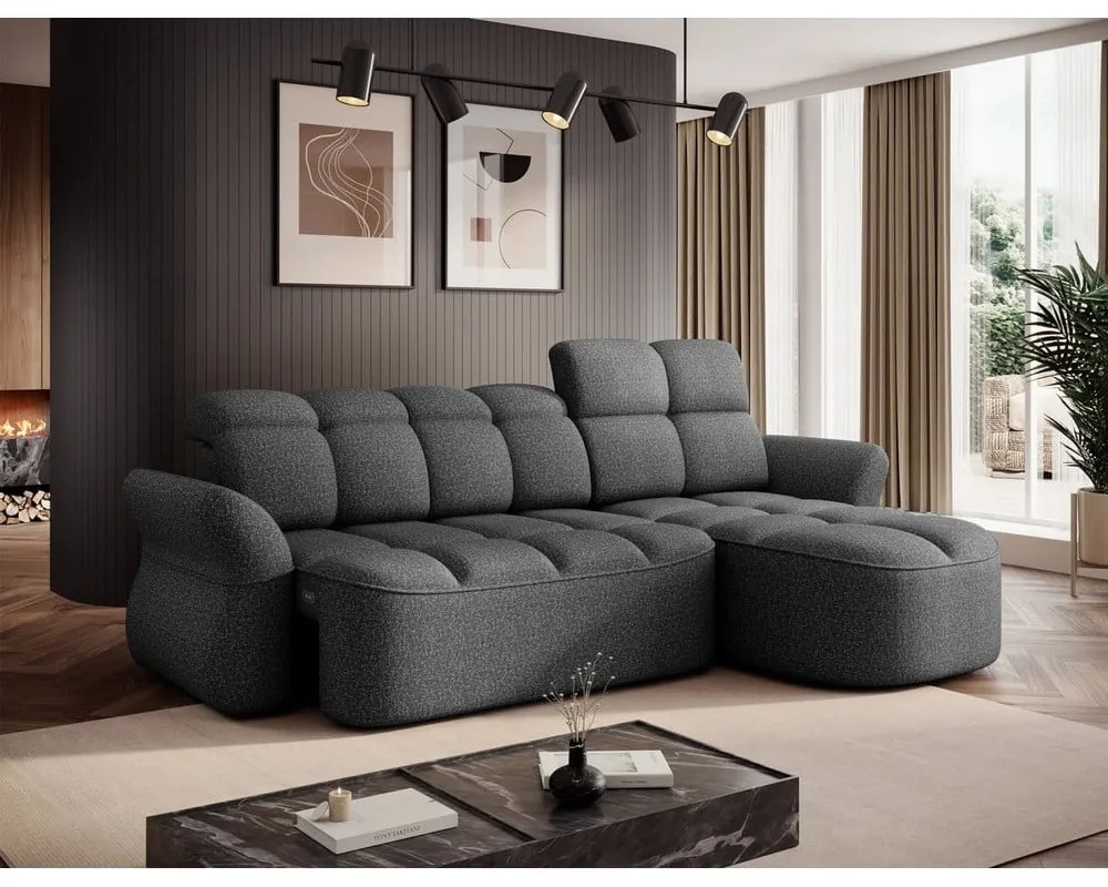 Sötétszürke bársony kinyitható-tárolóhelyes sarokkanapé (jobb oldali-heverő résszel) Beneth – ELTAP