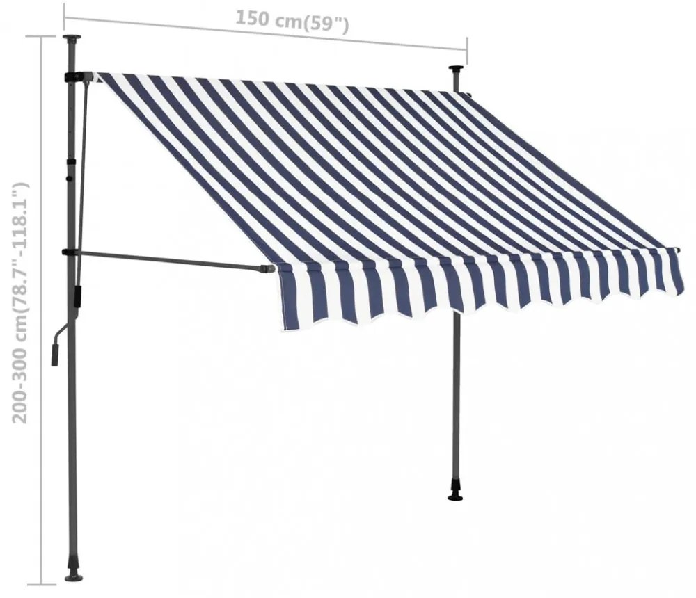 kék és fehér kézzel kihúzható LED-es napellenző 150 cm