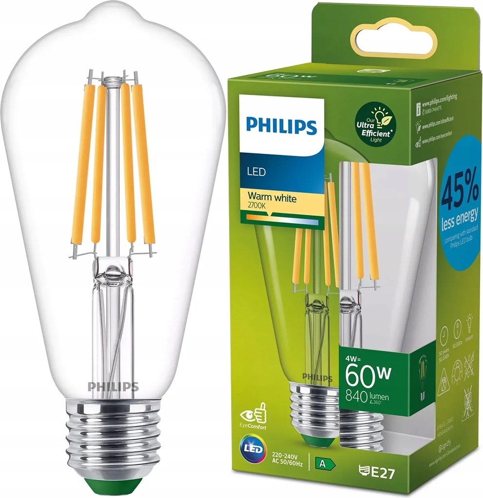 Led izzó E27 Edison ST64 4W 60W 840lm 210lm/W Meleg A-osztály Philips