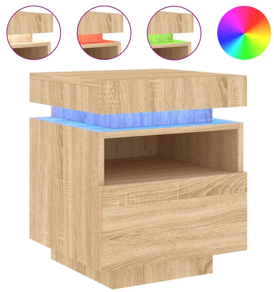 2 db sonoma tölgy éjjeliszekrény LED-fényekkel 40x39x48,5 cm