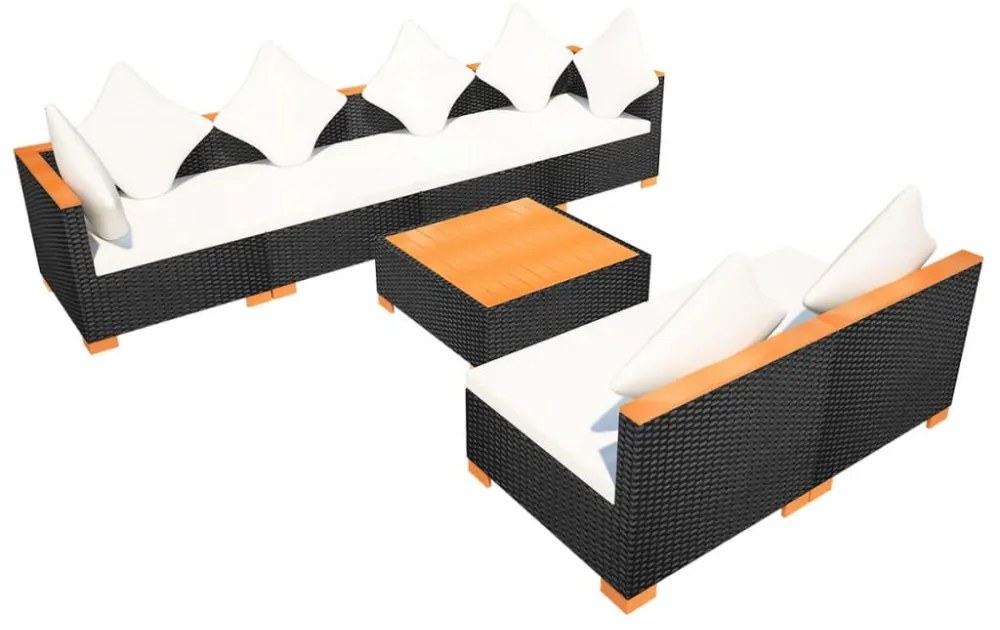 7-részes fekete polyrattan kerti bútorszett párnákkal