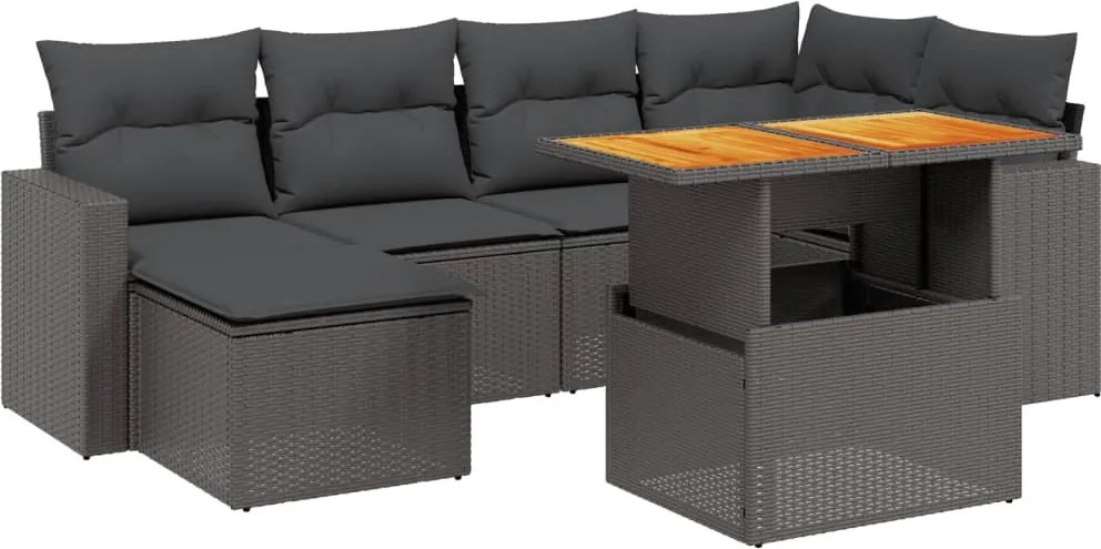 vidaXL 7 részes fekete polyrattan kerti ülőgarnitúra párnával