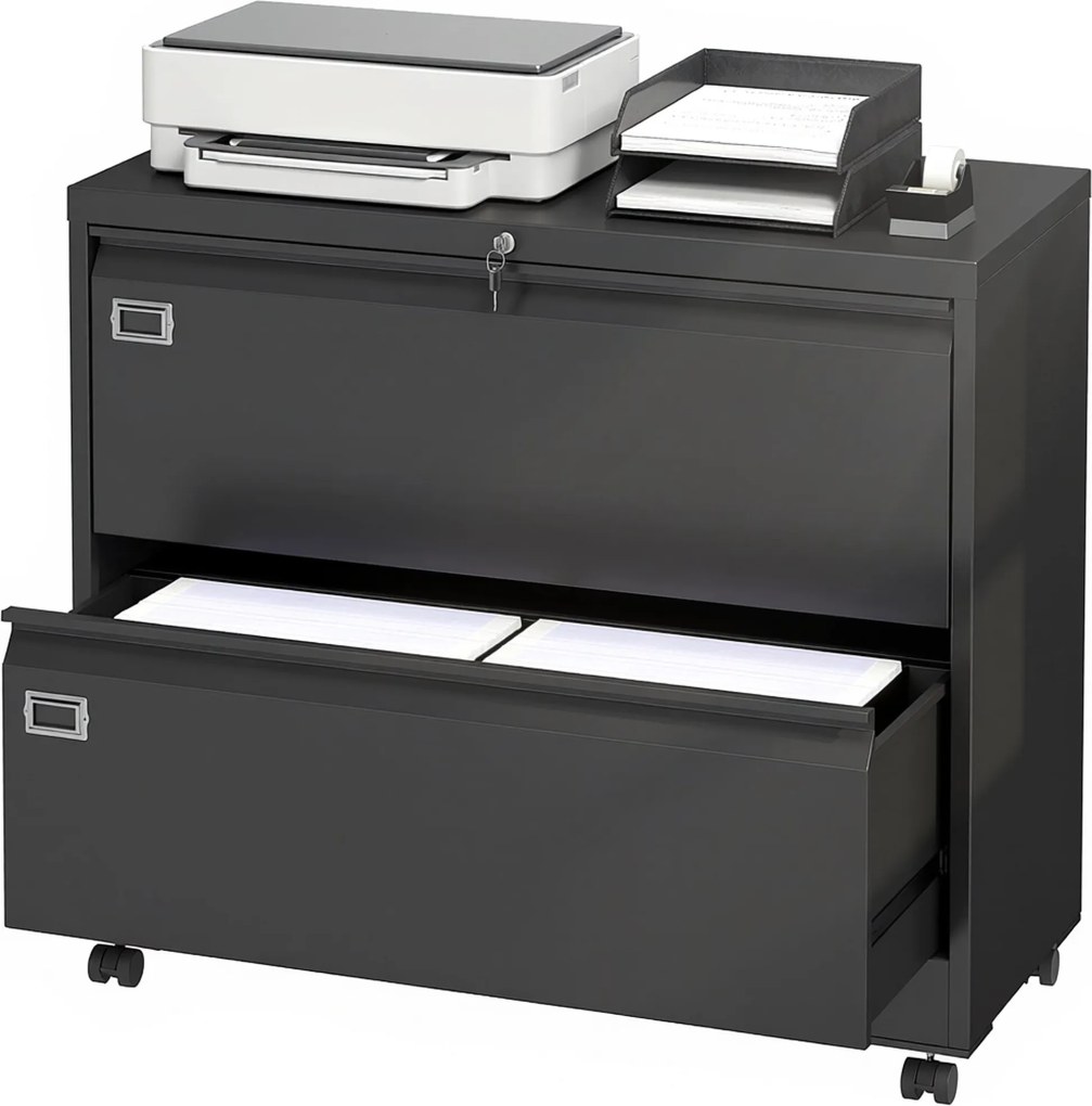 HOMCOM gurulós, zárható 2-fiókos iratszekrény állítható függesztősínekkel, acél, fekete, 90 x 40 x 77,4 cm | Aosom