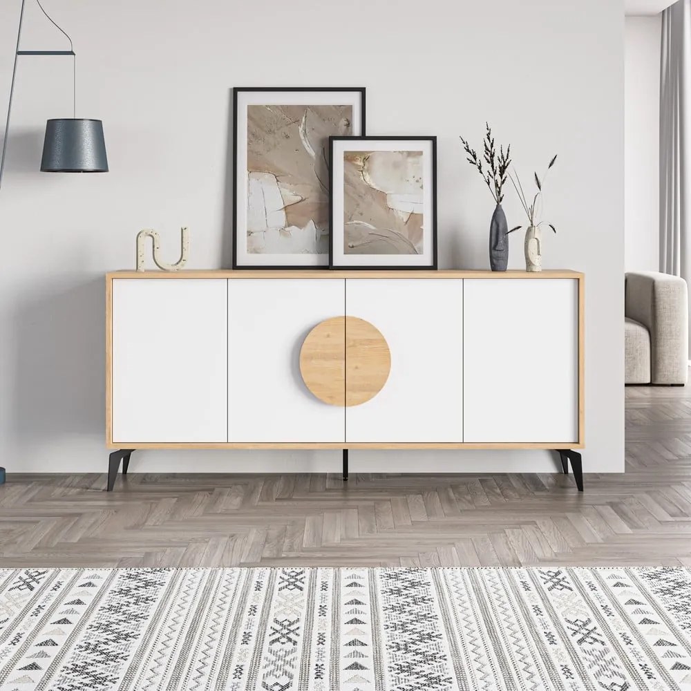 Fehér-natúr színű alacsony komód tölgyfa dekorral 180x82 cm Vae – Marckeric