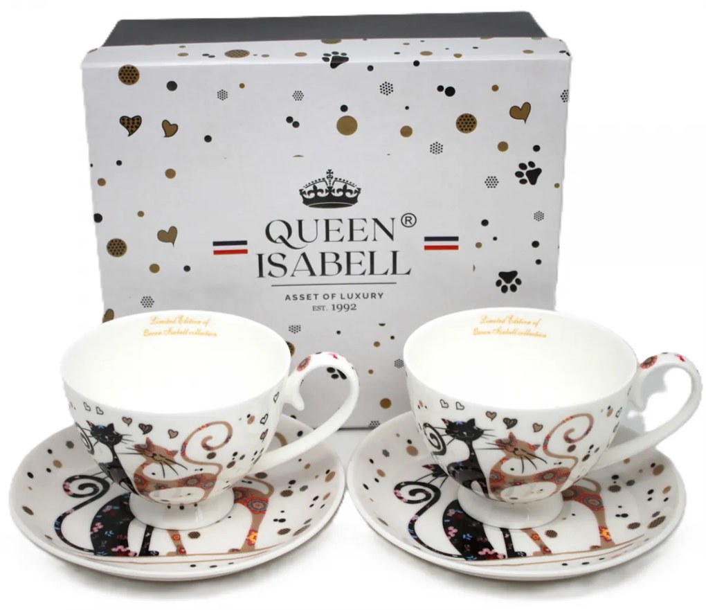Cicás porcelán csésze aljjal 2 személyes 250 ml fekete-barna virágos macskák