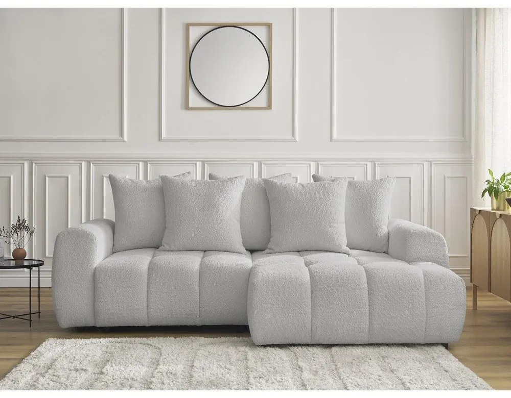 Világosszürke buklé kinyitható-tárolóhelyes sarokkanapé (jobb oldali-heverő résszel) Roxelane – Bobochic Paris