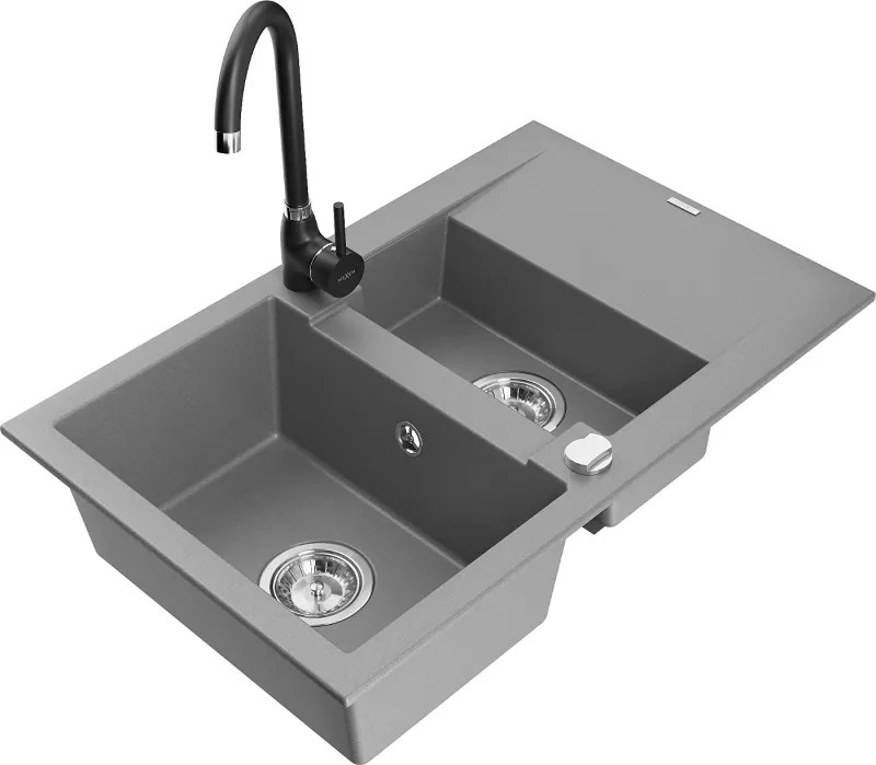 Mexen Gaspar gránit mosogató 1,5-medencés csepptálcával és Telma konyhai csaptelep, szürke - 6507-71-670200-70