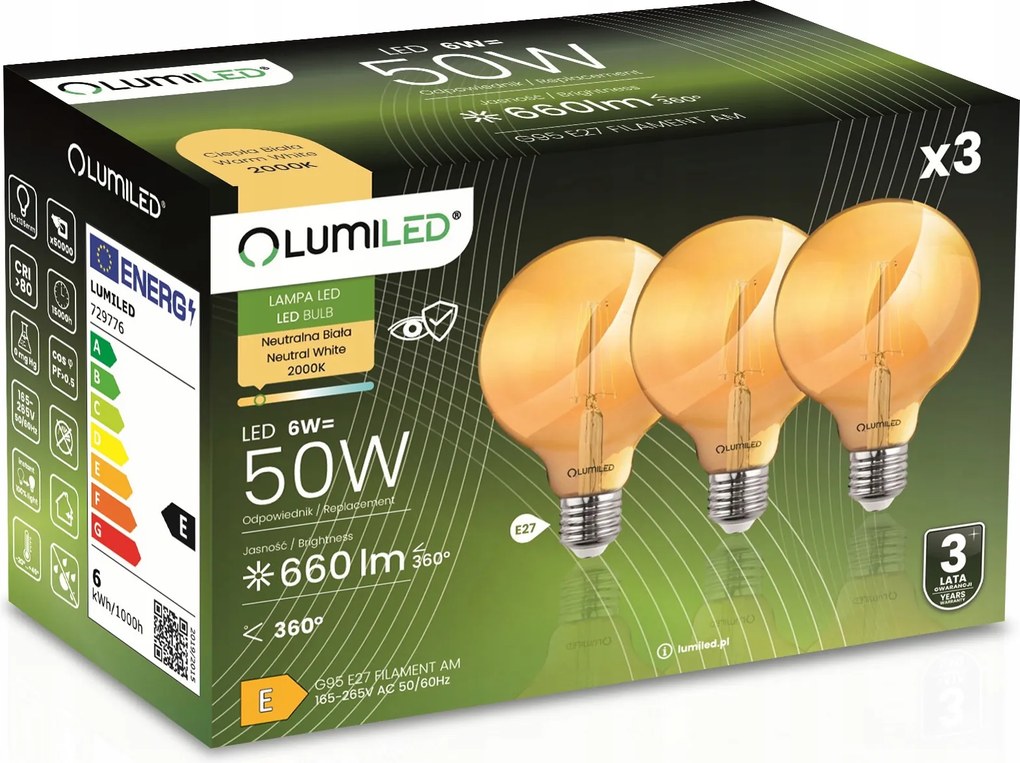 3x Led izzó E27 gömb G95 6W 50W 360° Dekoratív Lumiled