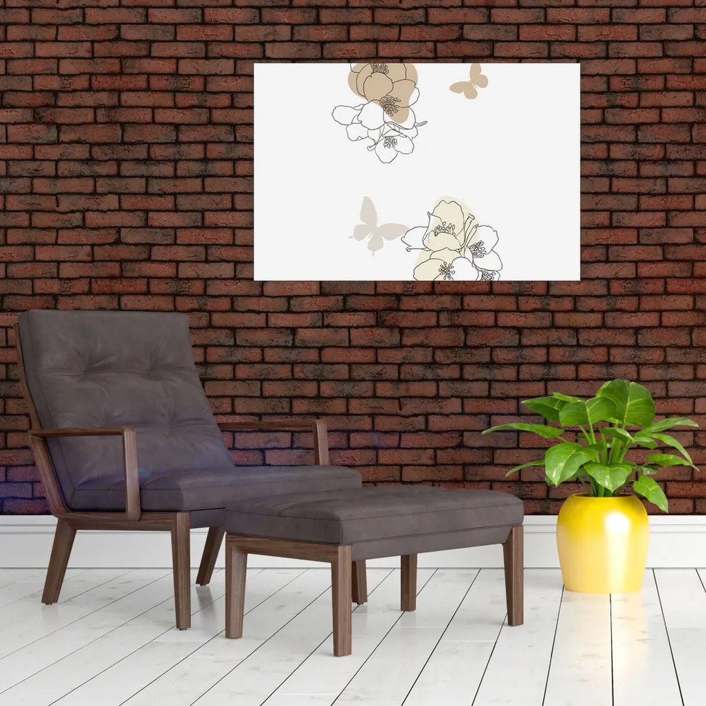 Kép - Bézs virágok pillangóval N⁰2 (90x60 cm)
