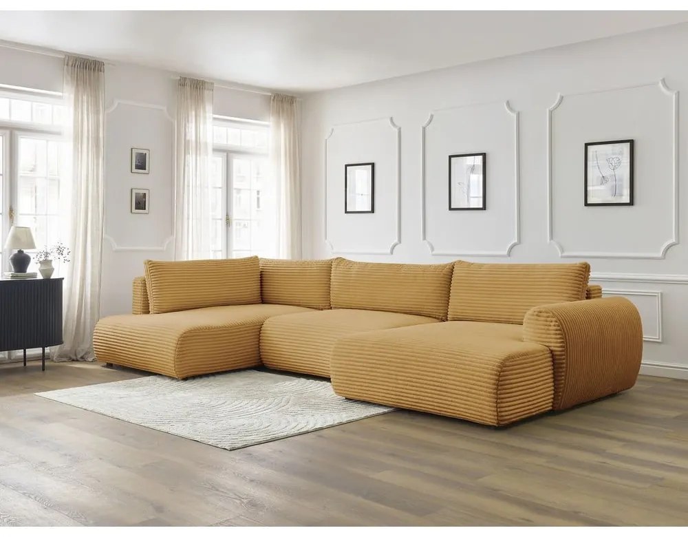 Mustársárga kordbársony kinyitható-tárolóhelyes sarokkanapé (bal oldali-U alakú) Lucien – Bobochic Paris