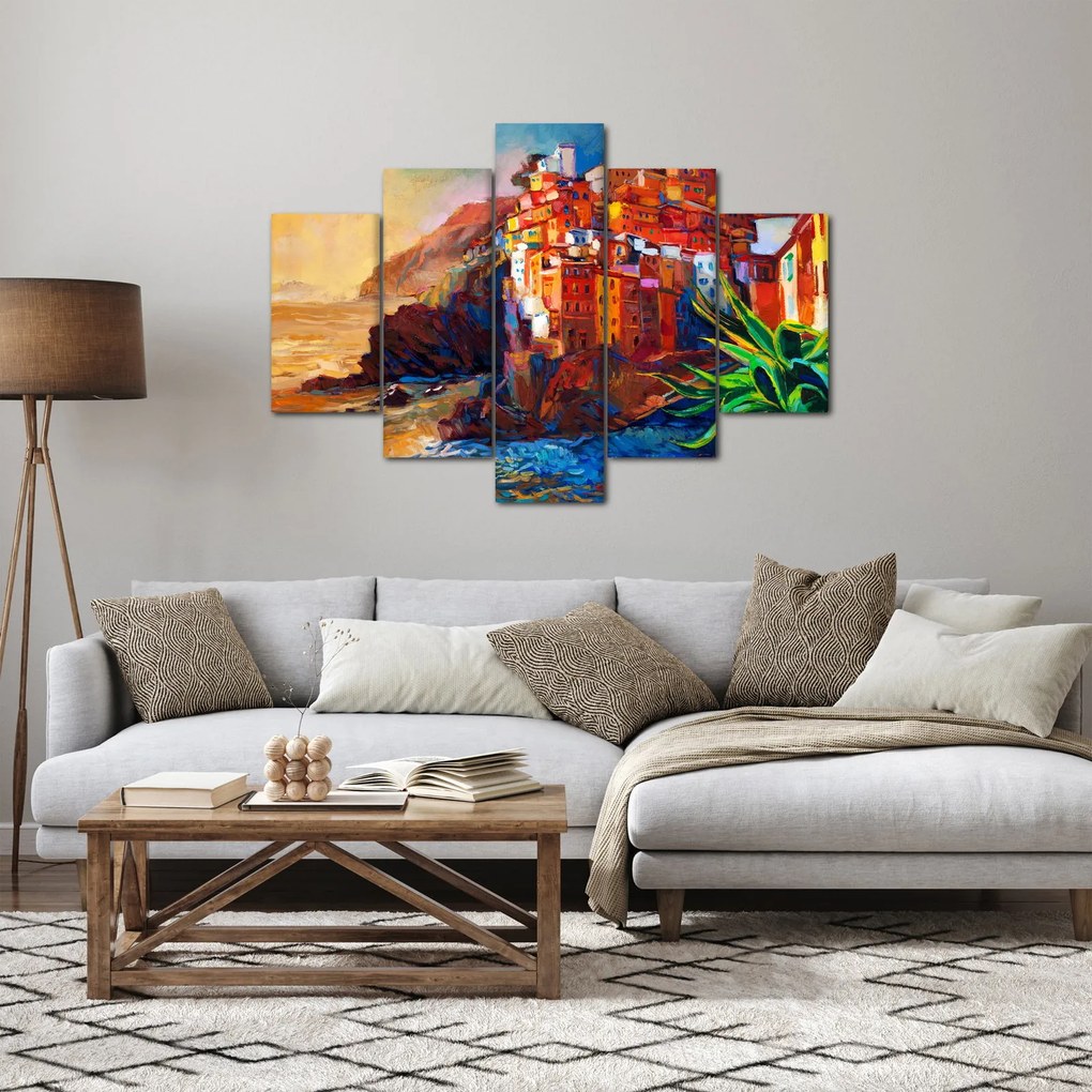 Kép - Falu Cinque Terre partján, az olasz riviérán, modern impresszionizmus (150x105 cm)