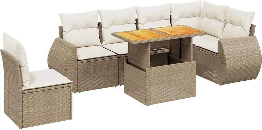 vidaXL 7 részes bézs polyrattan kerti ülőgarnitúra párnákkal