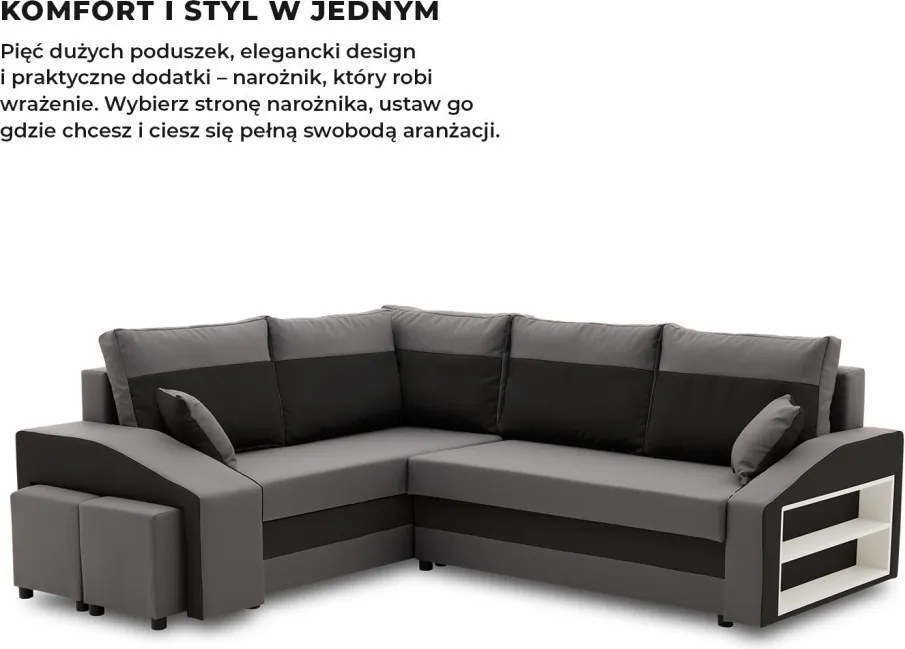 Grande sarokkanapé polcokkal és puffokkal , polc a jobb karfaban puffok a bal karfaban, baloldali, szövet anyag, hab töltet, szürke - fekete
