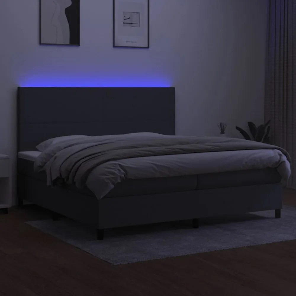 sötétszürke szövet rugós és LED-es ágy matraccal 200x200 cm