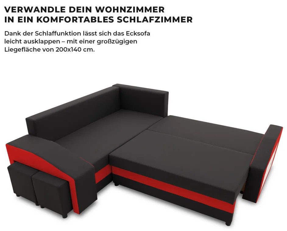 Grande sarokkanapé polcokkal és puffokkal , polc a jobb karfaban puffok a bal karfaban, baloldali, szövet anyag, hab töltet, fekete - piros