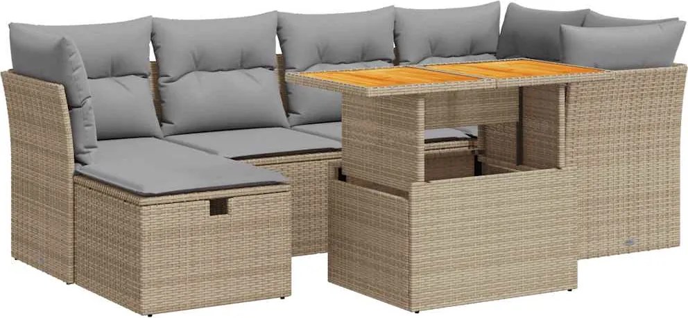 vidaXL 7 részes bézs polyrattan akácfa kerti ülőgarnitúra párnákkal