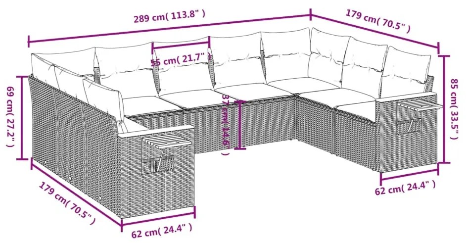 9 részes fekete polyrattan kerti ülőgarnitúra párnákkal