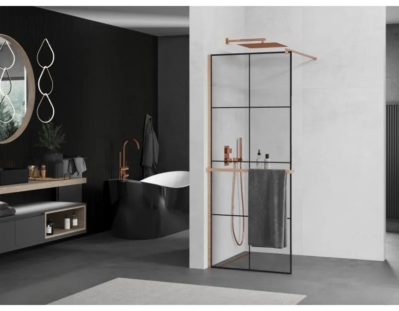 Mexen Kioto+, Walk-In zuhanyparaván polccal és akasztóval 90 x 200 cm, 8 mm átlátszó üveg fekete mintás, réz matt profil, 800-090-121-65-77