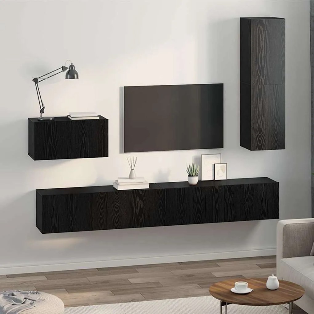 Fali TV Szekrény 4 pcs Musta tammi 200 x 30 x 30 cm Műanyag Fa