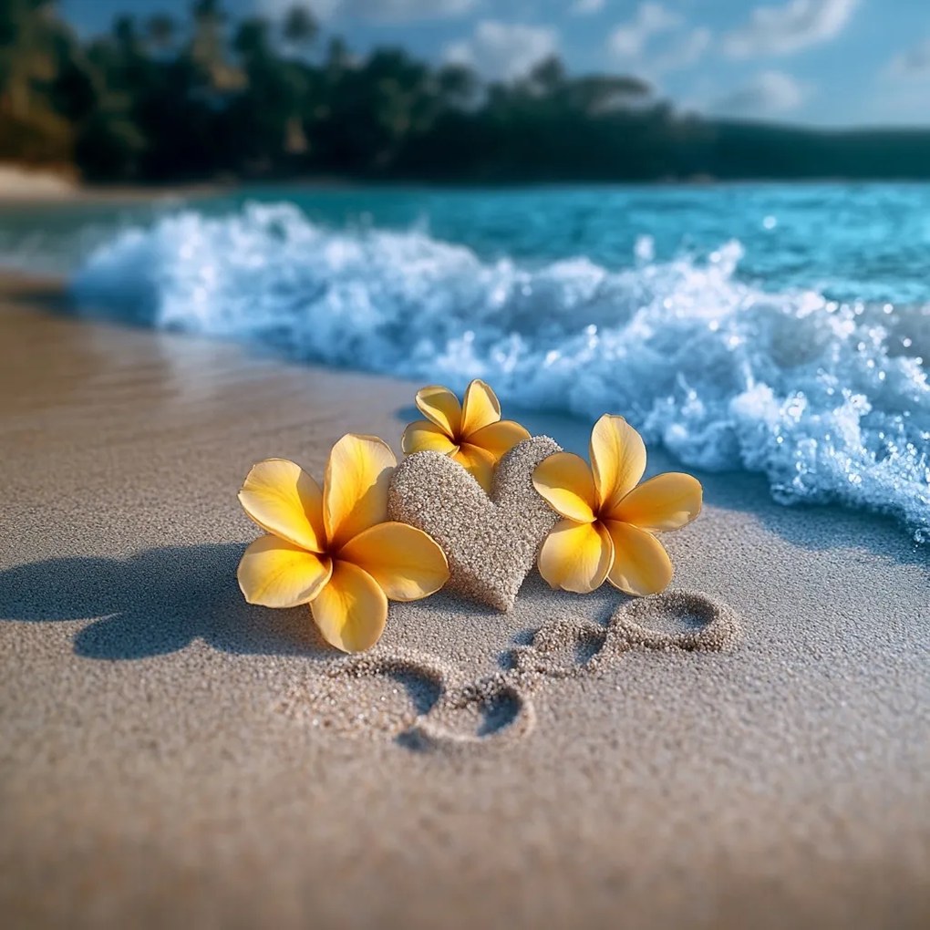 Vászonkép Canvas Tenger Tengerpart Homok Szív Virágok Plumeria 40x40