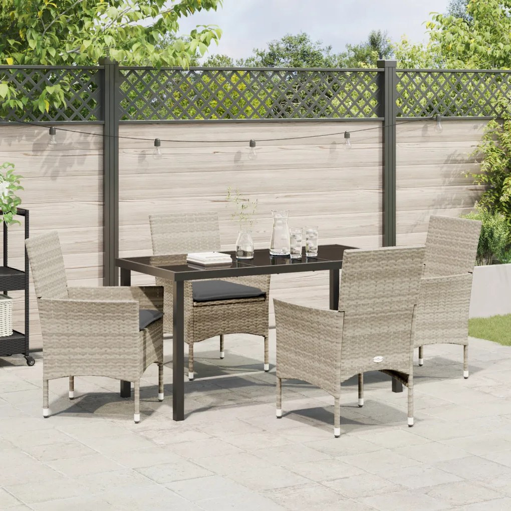 5 Részes Kert Étkezősor Párnákkal Világosszürke Poli Rattan, Kert Asztal Fekete 140x80x73 cm Edzett Üveg
