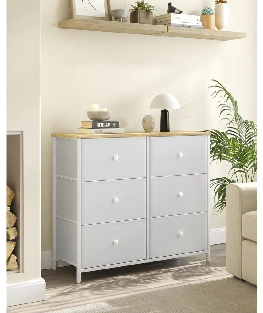Tároló szekrény hat fiókkal, ruhás szekrény, fehér és tölgy 80x30x85cm
