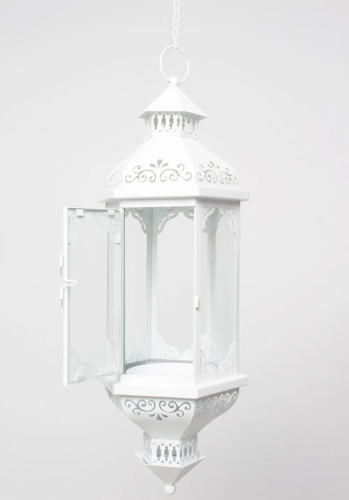 Keleties stílusú függeszthető fehér fém üvegezett mécsestartó lantern lámpás 52x18x20cm