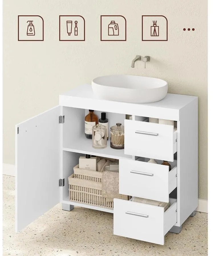 Mosdó alatti szekrény, fürdőszobai szekrény 3 nagy fiókkal, 30 x 70 x 64 cm, fehér