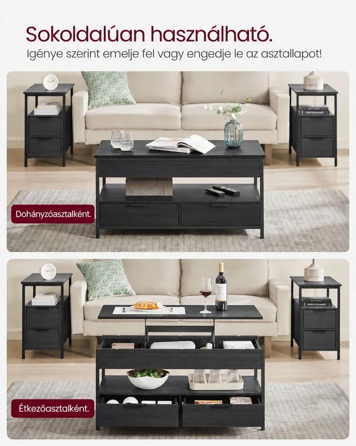 VASAGLE emelhető tetejű dohányzóasztal fiókokkal és rejtett rekeszekkel, szürke / tinta fekete