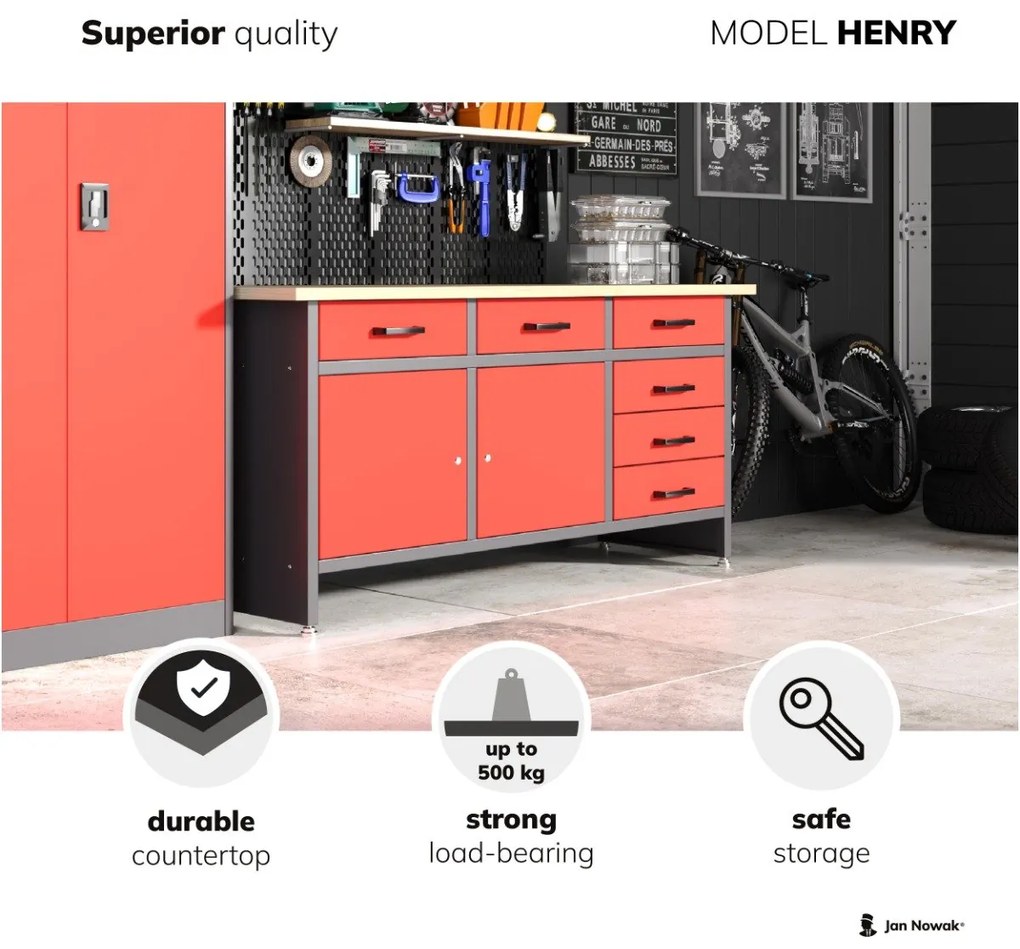 Műhelyasztal, fiókokkal és szekrénnyel HENRY, 1700 x 850 x 600 mm, fekete